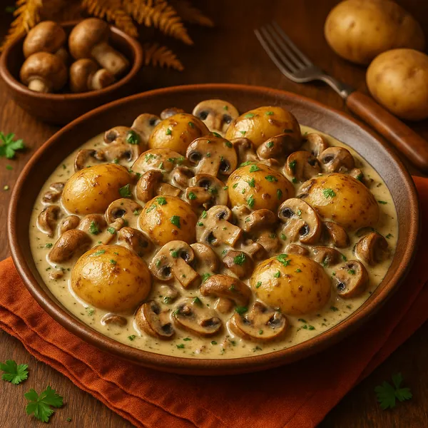 Enjoy assembling a puzzle depicting a rustic bowl of creamy mushroom and baby potato stew, with golden potatoes and earthy brown mushrooms nestled in a velvety,