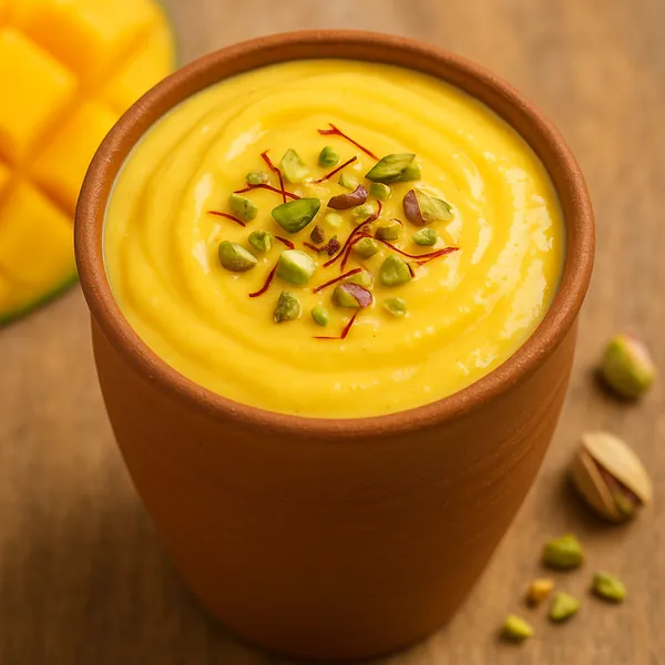 Discover a puzzle with a close-up of a silky mango dessert served in a rustic earthenware cup, topped with chopped pistachios and delicate saffron threads.
