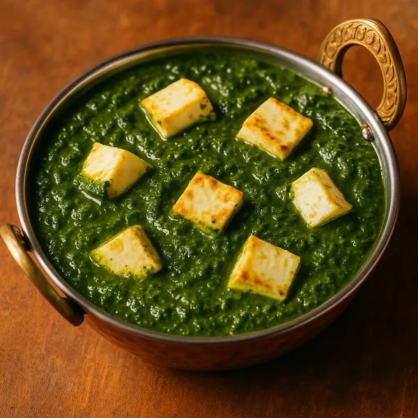 Discover a puzzle with a close-up of a vibrant palak paneer: creamy, deep-green spinach curry dotted with golden-browned paneer cubes in a brass-handled serving