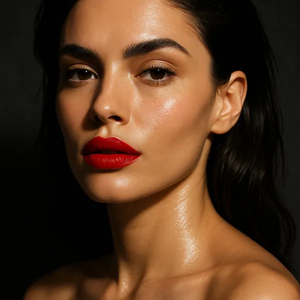 Discover a puzzle with a striking close-up portrait that highlights warm, glowing skin tones, glossy highlights, and bold red lips against a deep, dark backgrou