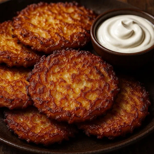 Enjoy assembling a puzzle depicting a close-up of crispy, golden-brown potato pancakes (latkes) arranged on a dark rustic plate beside a small bowl of silky whi