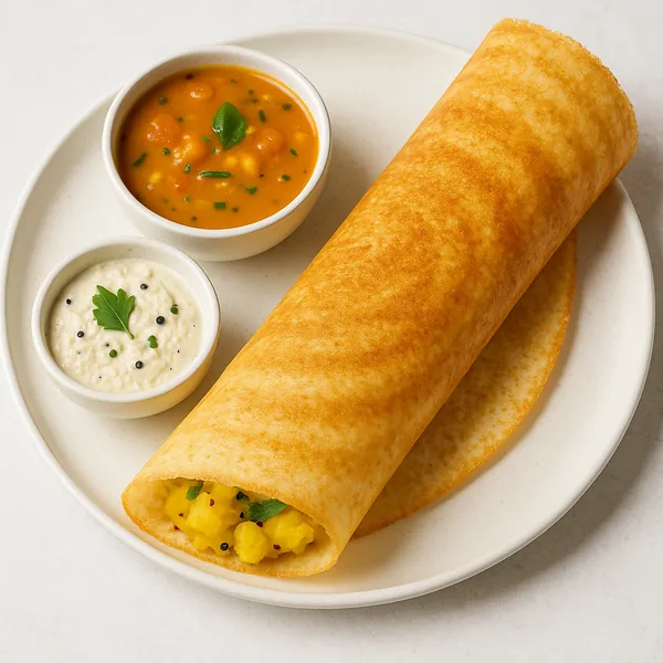 Enjoy assembling a puzzle depicting a golden dosa rolled around spiced potato filling, served on a clean white plate with bowls of orange sambar and creamy coco