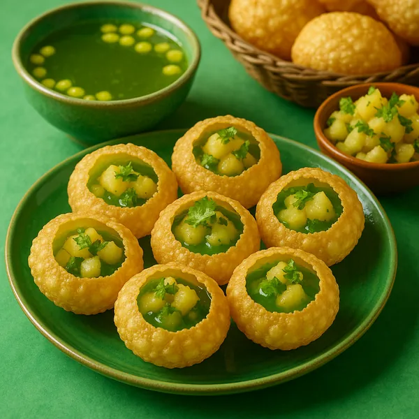 Discover a puzzle with a close-up of golden, crispy pani puri arranged on a green plate, each round shell filled with bright green chutney and soft potato cubes