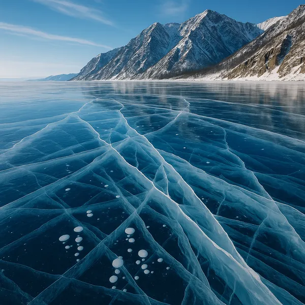 Discover a puzzle on PuzzleFree.Game that shows a vast, glassy frozen lake crisscrossed with translucent ice fissures and air bubbles, stretching toward snow-du