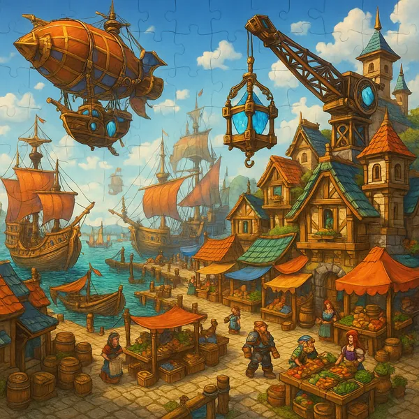 Discover a puzzle with a bustling fantasy harbor scene: colorful wooden ships and an ornate airship float above a sunlit quay lined with charming timber houses