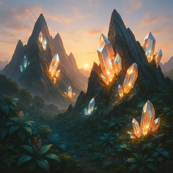 Discover a puzzle with luminous crystal clusters jutting from rugged mountain peaks as a warm sun sinks behind misty ridgelines.