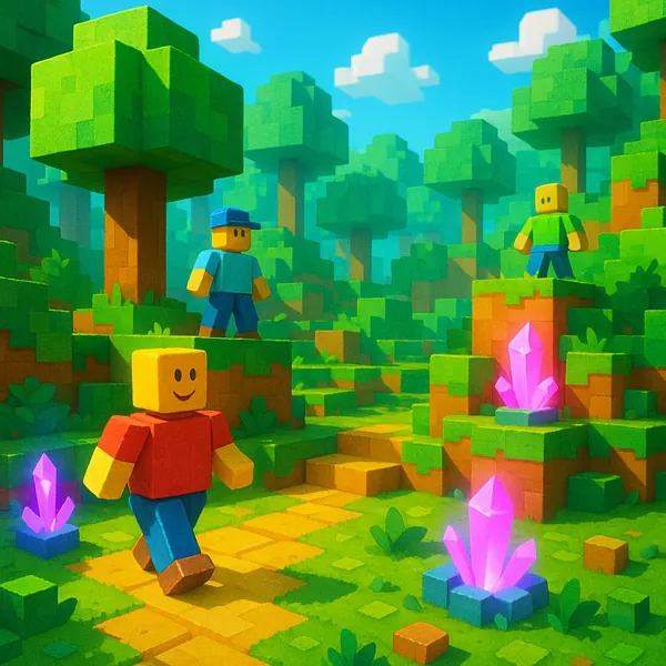 Enjoy assembling a puzzle depicting a cheerful voxel forest scene with blocky characters exploring sunlit paths and glowing pink crystals.