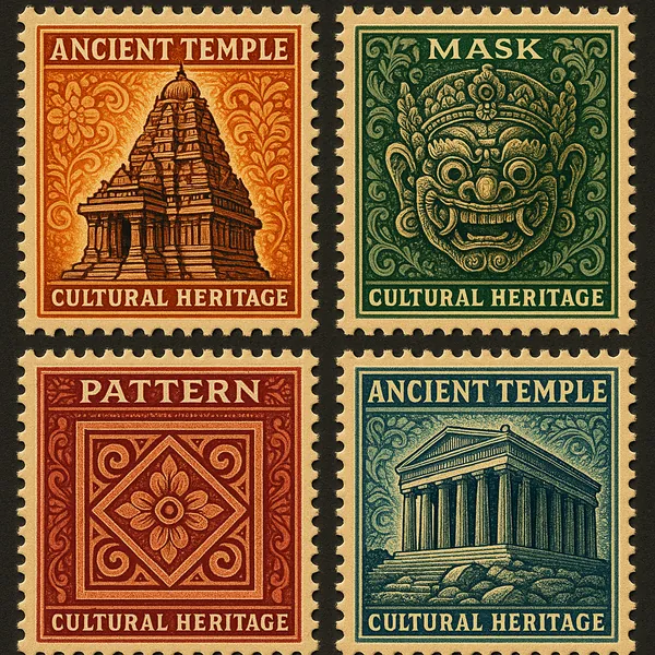 Discover a puzzle with four vintage-style cultural heritage stamps arranged in a neat grid — warm orange shows an ornate ancient temple, deep green features a c