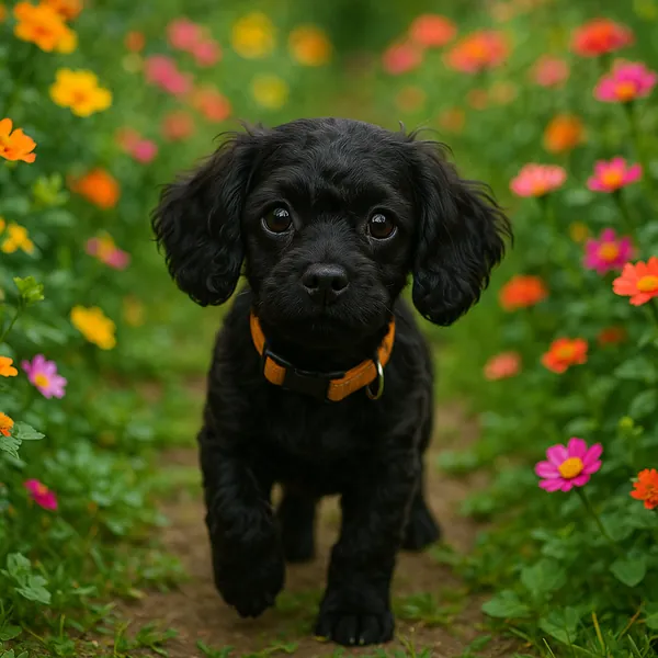 Enjoy assembling a puzzle depicting an adorable black puppy wandering down a flower-lined path.