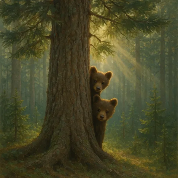 Discover a puzzle with two curious bear cubs peeking from behind a towering pine in a sun-dappled forest on PuzzleFree.Game.