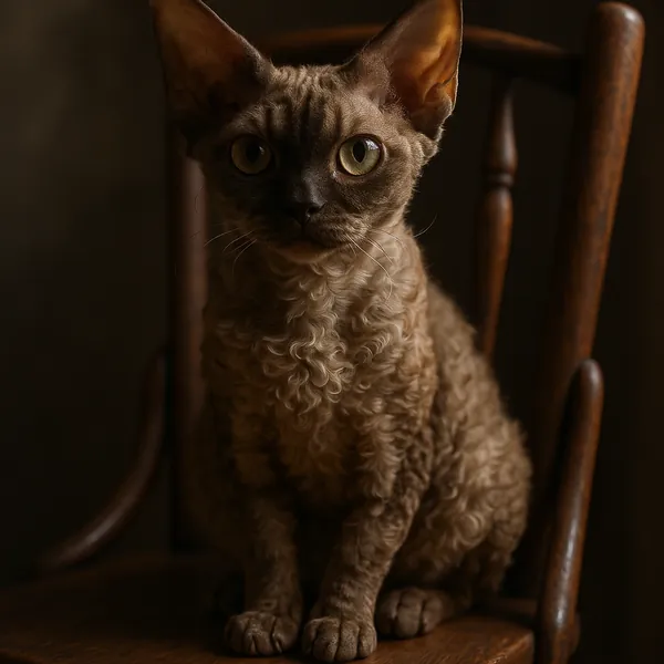 Discover a puzzle with a close-up portrait of a curly-coated cat sitting on a vintage wooden chair, captured in warm brown and amber tones.