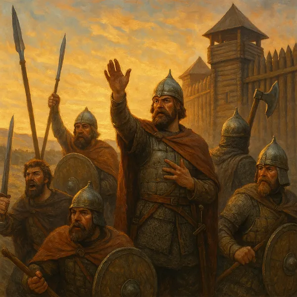 Discover a puzzle with a dramatic medieval scene of armored warriors and shields gathered before a wooden fortress at sunset.
