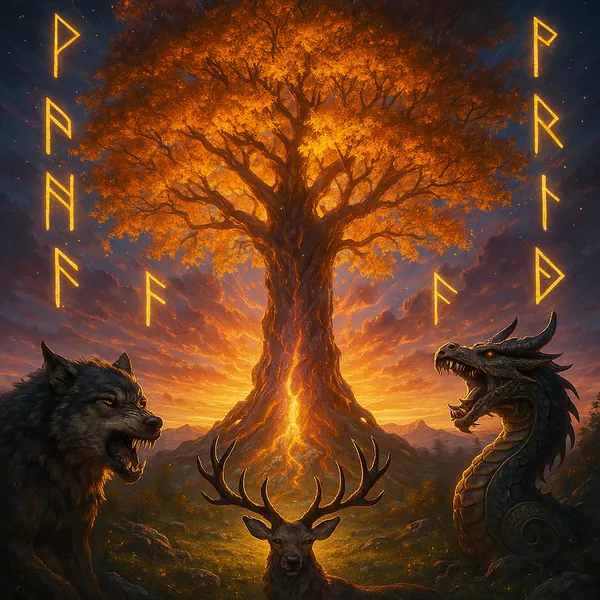 Discover a puzzle featuring a glowing, ancient tree ablaze with golden-orange leaves set against a dramatic sunset sky, framed by luminous runes.