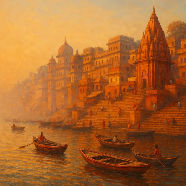 Discover a puzzle with a tranquil riverside scene showing ancient ghats and temples bathed in warm golden-orange light.