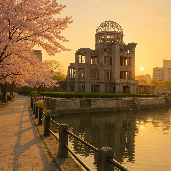 Discover a puzzle with a tranquil riverside scene of a weathered domed ruin framed by soft pink cherry blossoms at sunset.