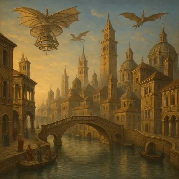 Discover a puzzle with a dreamy, golden-hued canalscape where elegant stone bridges and domed towers rise in layered perspective beneath a soft, misty sky.