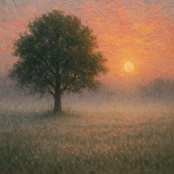 Discover a puzzle with a lone tree standing in a misty meadow as a warm, glowing sun rises through soft pink and orange skies.