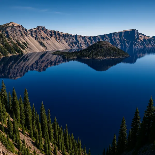 Discover a puzzle with a stunning deep-blue mountain lake reflecting a rugged caldera and a tree-covered island at its center.