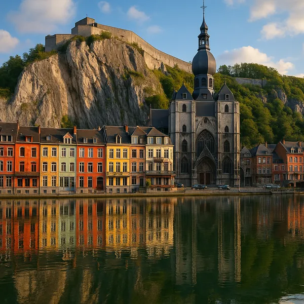Discover a puzzle with a sunlit European riverside scene featuring a row of colorful townhouses mirrored in calm water, a striking Gothic church with a tall dar