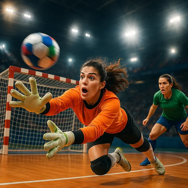 Discover a puzzle with a dramatic sports action scene showing a goalkeeper in an orange jersey diving through the air to stop a colorful ball inside a brightly