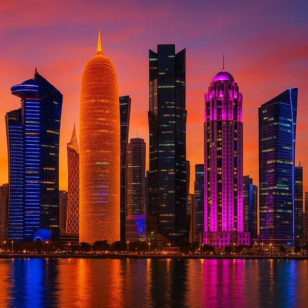 Discover a puzzle with a glowing modern skyline at sunset, where sleek skyscrapers in gold, magenta, electric blue, and deep indigo rise against a warm orange-p