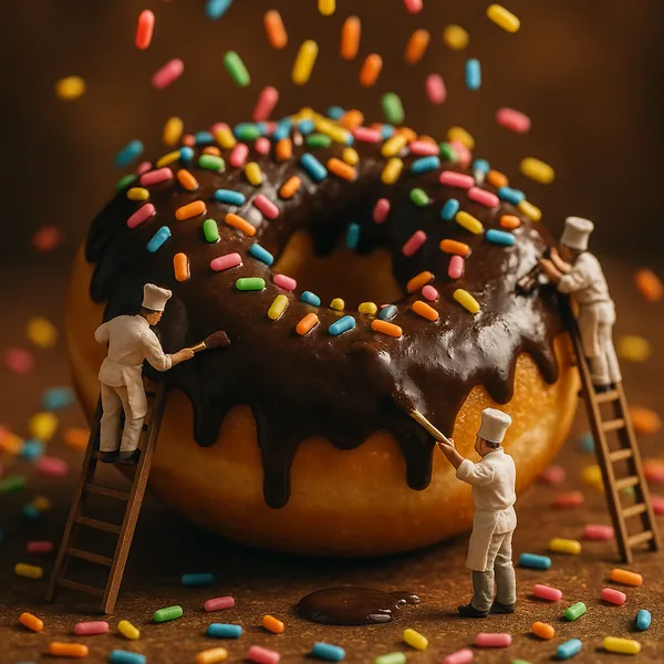 Discover a puzzle with a giant chocolate-glazed donut sprinkled in a rainbow of candy bits, while tiny baker figurines on ladders delicately brush the glossy ic
