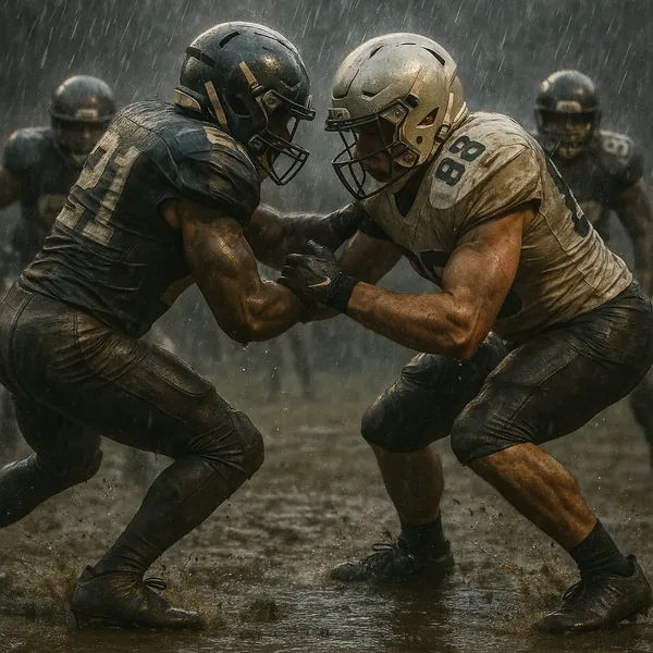 Enjoy assembling a puzzle depicting two football players locked in a gritty clash on a rain-soaked field.