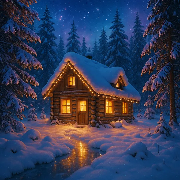 This image features a cozy cabin nestled in a snowy forest, illuminated by warm, glowing windows and adorned with festive lights.