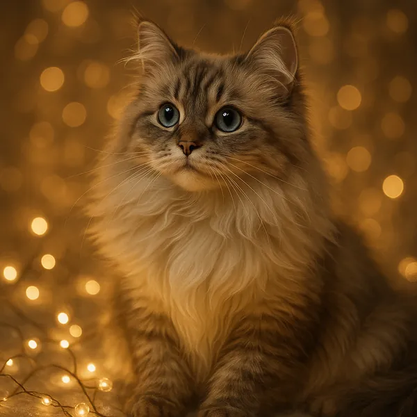 Discover a puzzle featuring a soft, fluffy tabby cat bathed in warm golden light and surrounded by gentle bokeh sparkles.