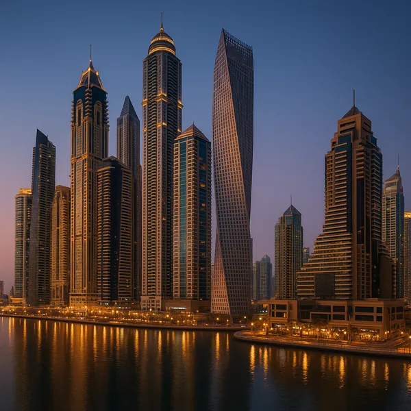 Discover a puzzle with a shimmering modern marina skyline at dusk, where slender skyscrapers rise in elegant silhouettes against a deepening blue-purple sky.