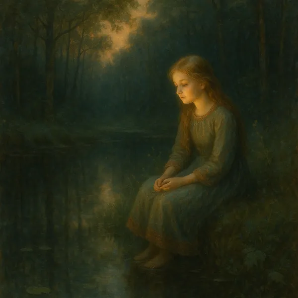 Discover a puzzle with a tender moonlit scene of a young girl seated by a quiet pond, softly illuminated by a warm golden glow against deep forest greens and bl