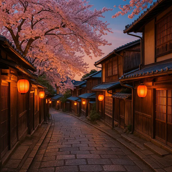 Discover a puzzle with a tranquil, lantern-lit traditional Japanese street lined with warm wooden houses and a canopy of pink cherry blossoms at twilight.