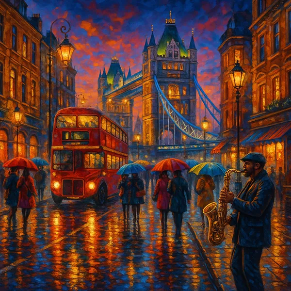 Enjoy assembling a puzzle depicting a rainy, twilight city scene with a glowing red double-decker bus rolling past Tower Bridge, warm street lamps, and colorful