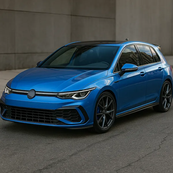 Discover a puzzle with a sleek blue hatchback parked against a smooth concrete wall, its glossy paint and dark-tinted windows catching soft reflections.