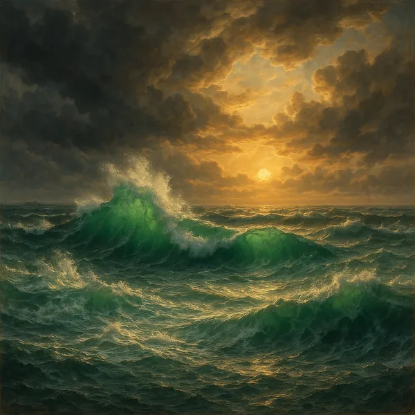 Discover a puzzle with a dramatic seascape of emerald-green waves rolling beneath a golden, sunlit sky — perfect for PuzzleFree.Game.