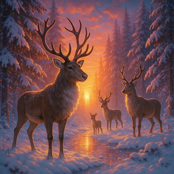 This ultra-clear photo depicts a serene winter scene with reindeer standing in a snowy forest at sunset.