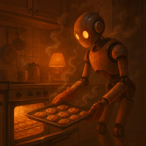Enjoy assembling a puzzle depicting a gentle robot pulling a tray of freshly baked cookies from a glowing oven in a cozy kitchen.