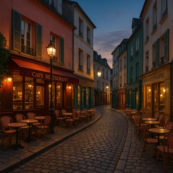Discover a puzzle with a quiet, cobblestone Parisian side street at dusk, lined with pastel-hued buildings and shuttered windows.