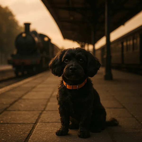 Discover a puzzle with a sweet black pup wearing an orange collar, sitting patiently on a vintage train platform as a steam locomotive blurs softly in the backg