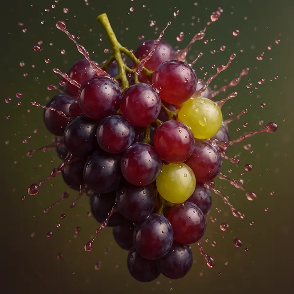 Discover a puzzle with a close-up cluster of glossy grapes caught in a joyful splash — deep plum and ruby berries surround two bright yellow-green grapes, sendi