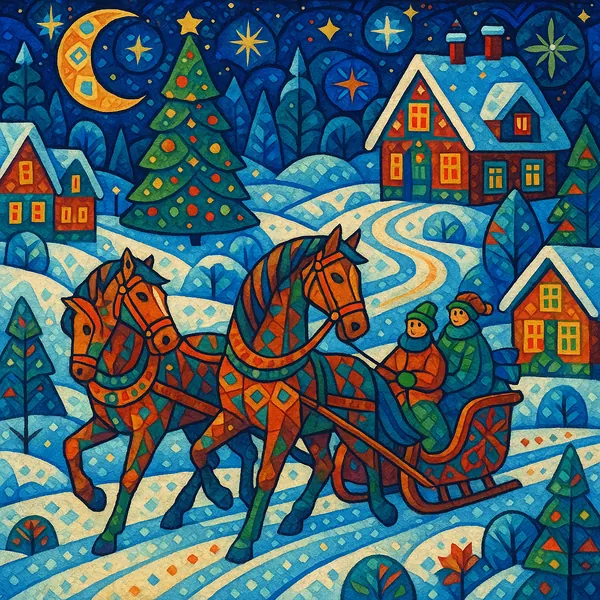 A vibrant, stained-glass style illustration depicting a snowy countryside scene.
