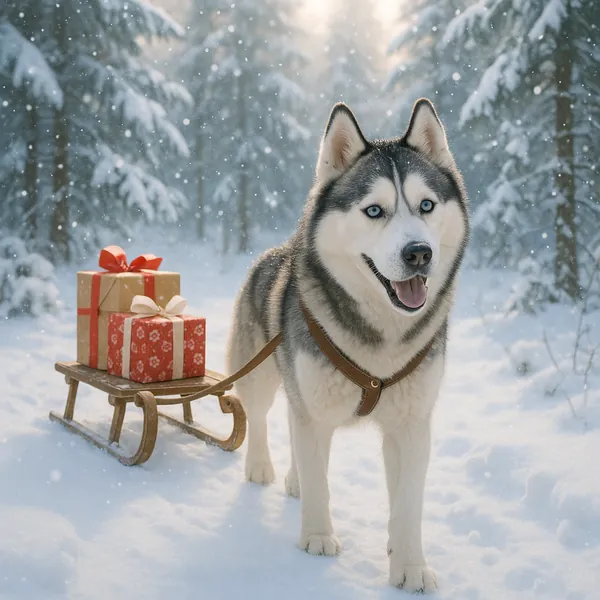 Discover a puzzle with a friendly Siberian husky harnessed to a small wooden sled carrying two brightly wrapped gifts in a snow-dusted pine forest.