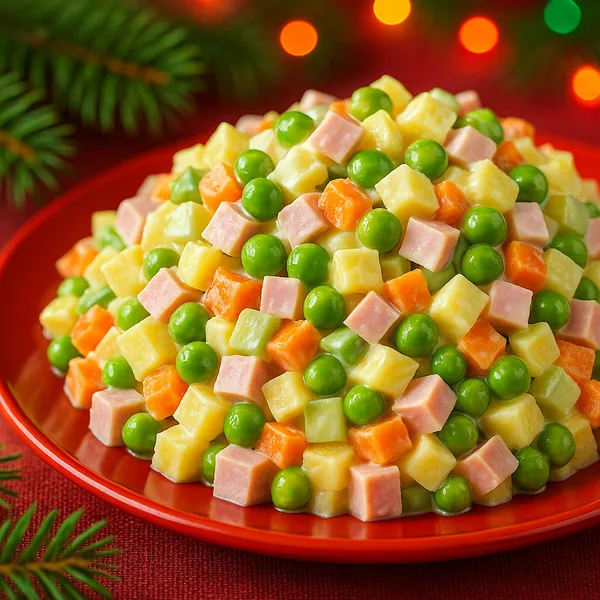 Enjoy assembling a puzzle depicting a bright, festive bowl of diced ham, potatoes, carrots and green peas artfully piled on a red plate with warm bokeh lights a