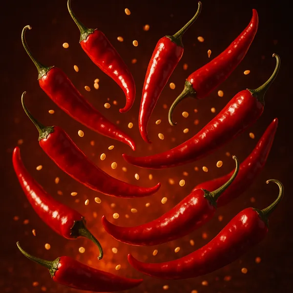 Enjoy assembling a puzzle depicting vibrant red chili peppers suspended against a warm, smoky brown-orange background, with glossy skins, green stems, and scatt