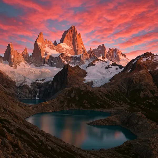 Discover a puzzle with a breathtaking mountain landscape at sunset, where jagged, snow-dusted peaks glow in warm pink and orange light above a tranquil turquois