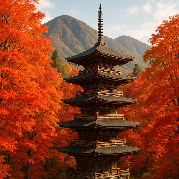Discover a puzzle with a traditional wooden pagoda standing amid a forest of brilliant red and orange autumn leaves, framed by gentle mountain peaks in the back