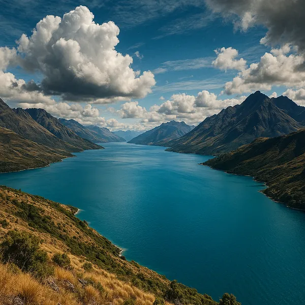 Discover a puzzle with a sweeping mountain and lake landscape that captures deep turquoise waters flanked by rugged peaks under a sky of dramatic white clouds.