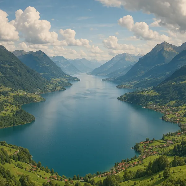 Discover a puzzle with a sweeping alpine lake framed by lush green hills and towering mountain peaks under a soft blue sky.