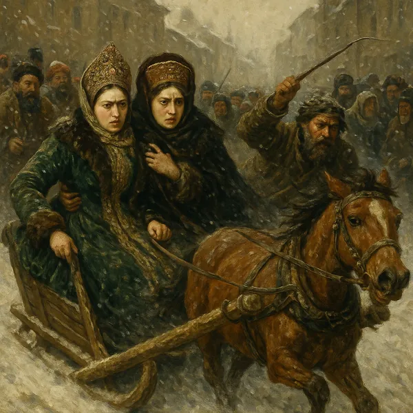 Discover a puzzle with a dramatic winter scene: a richly detailed historical painting showing two young women bundled in ornate fur-trimmed coats and kokoshnik