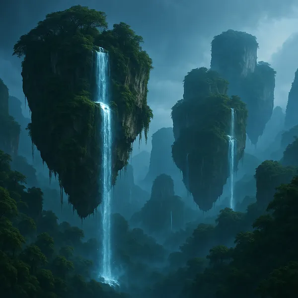 Discover a puzzle with floating, moss‑topped islands spilling silvery waterfalls into a misty, forested valley below.